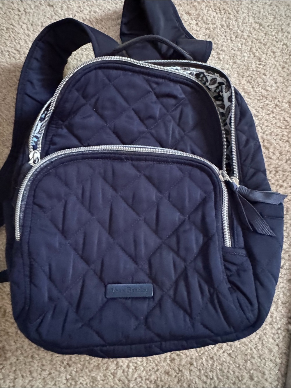 Vera Bradley Quilted Dark Blue Backpack with Silver Zippers